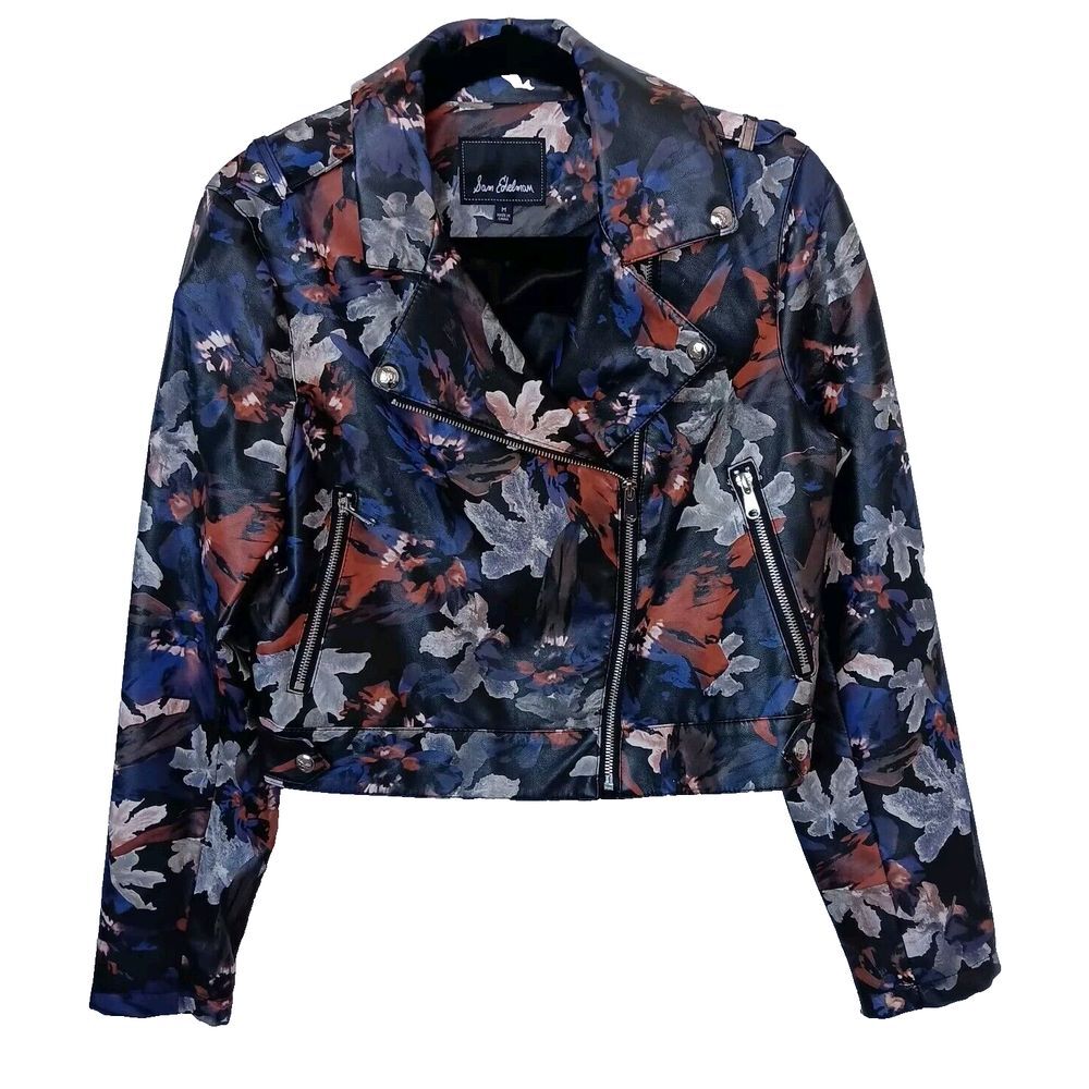Sam Edelman Floral Black White Red Faux Leather Motto Jacket Size‎ M
